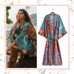 🌸 ROBE MOON SKY KIMONO DUSTER LONG MAXI KAFTAN BREATHE BOHEMIAN BOHO CHIC TEAL